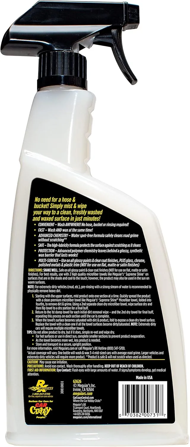 Meguiar’s Ultimate Waterless Wash & Wax, Scratch-Free Cleaning Spray 2-in-1 Detailer for Shine (26 Oz)