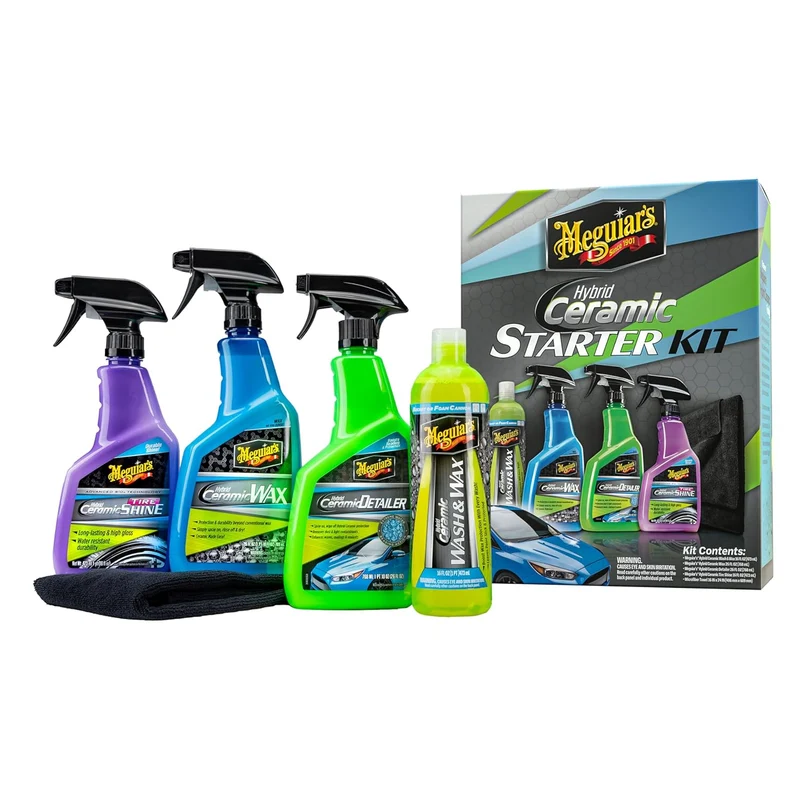 Meguiar’s Hybrid Ceramic Starter Kit - Premium Car Detailing Kit Includes Car Wash and Wax, Car Wax, Spray Detailer, and Tire Shine