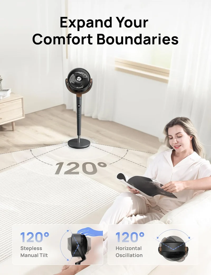 Dreo Fan 120° Oscillating , Quiet Pedestal w/ DC Motor, 9 Speeds, 4 modes, 37-42" Adjustable Height, 9H Timer - Grey
