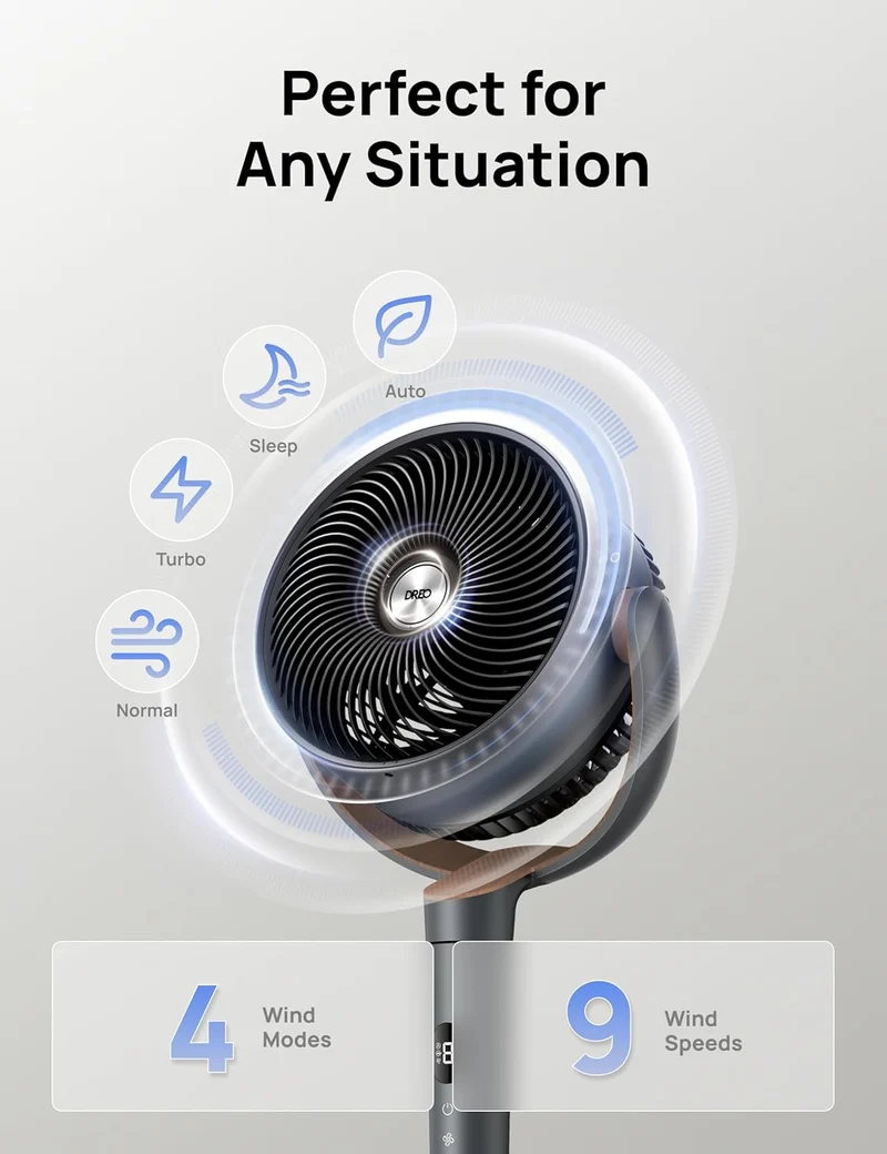 Dreo Fan 120° Oscillating , Quiet Pedestal w/ DC Motor, 9 Speeds, 4 modes, 37-42" Adjustable Height, 9H Timer - Grey