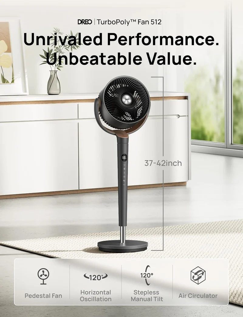 Dreo Fan 120° Oscillating , Quiet Pedestal w/ DC Motor, 9 Speeds, 4 modes, 37-42" Adjustable Height, 9H Timer - Grey