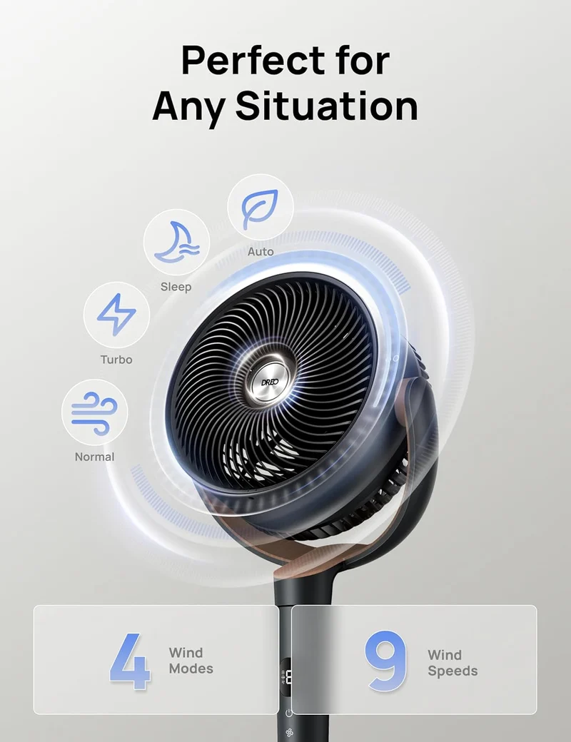 Dreo Fan 120° Oscillating , Quiet Pedestal w/ DC Motor, 9 Speeds, 4 modes, 37-42" Adjustable Height, 9H Timer - Black