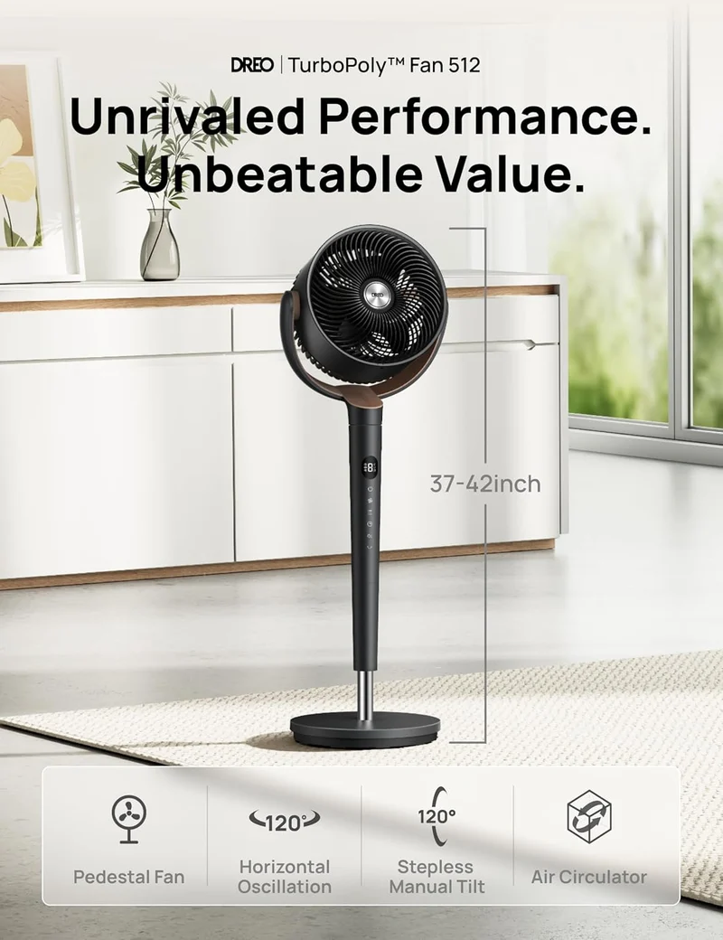 Dreo Fan 120° Oscillating , Quiet Pedestal w/ DC Motor, 9 Speeds, 4 modes, 37-42" Adjustable Height, 9H Timer - Black