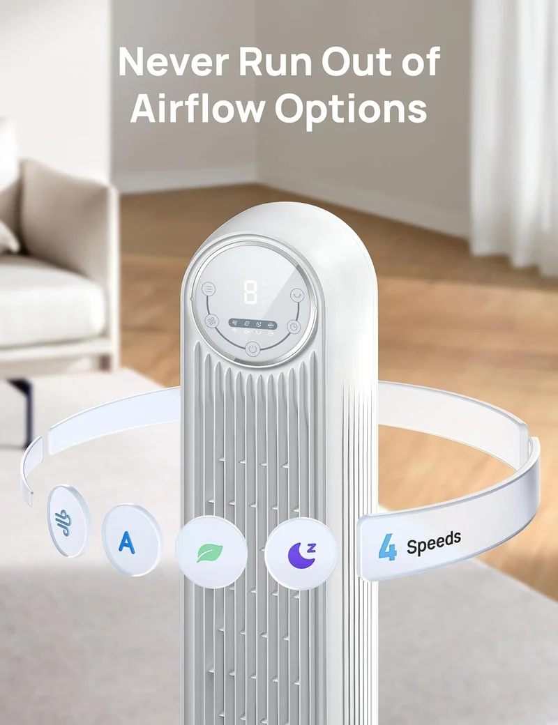 Tower Fan 25ft/s Velocity Quiet Floor Fan, 90° Oscillating w/ 4 Speeds, 4 Modes, 8H Timer - White