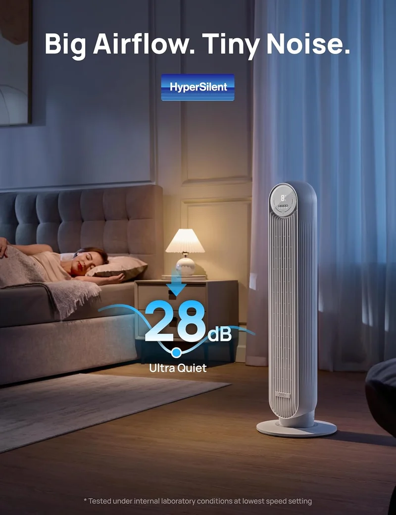 Tower Fan 25ft/s Velocity Quiet Floor Fan, 90° Oscillating w/ 4 Speeds, 4 Modes, 8H Timer - White