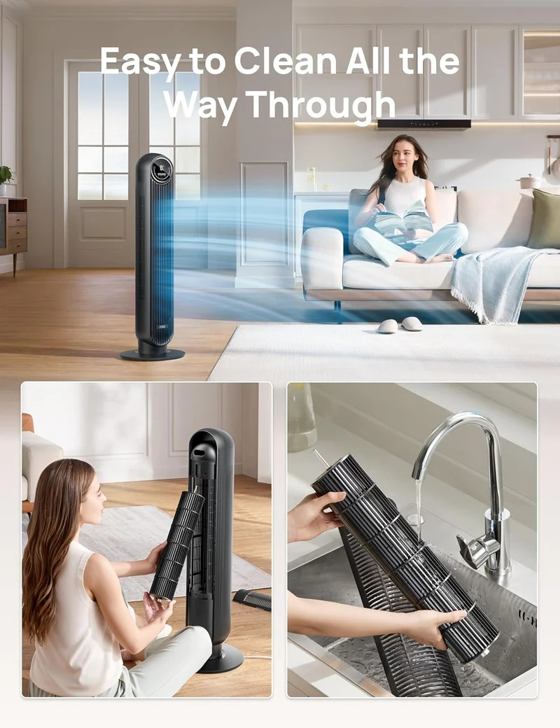 Tower Fan 25ft/s Velocity Quiet Floor Fan, 90° Oscillating w/ 4 Speeds, 4 Modes, 8H Timer - Black