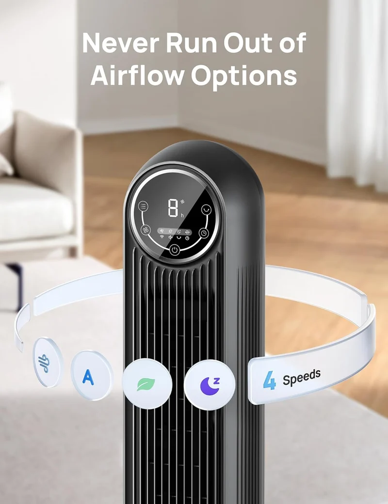 Tower Fan 25ft/s Velocity Quiet Floor Fan, 90° Oscillating w/ 4 Speeds, 4 Modes, 8H Timer - Black