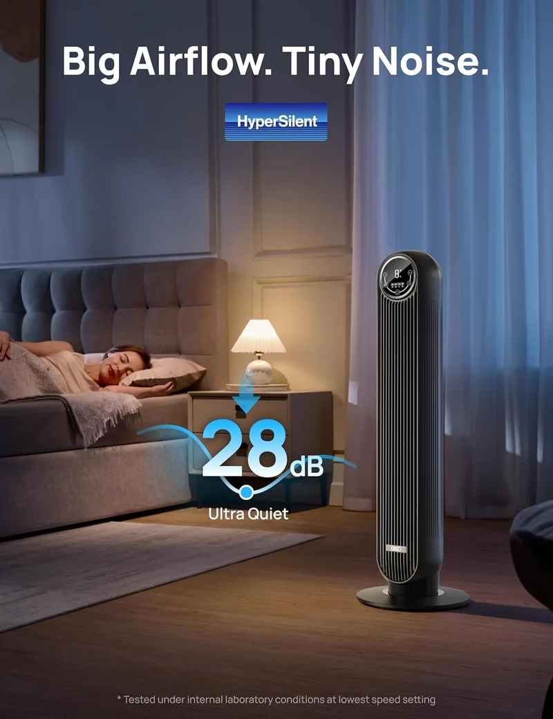 Tower Fan 25ft/s Velocity Quiet Floor Fan, 90° Oscillating w/ 4 Speeds, 4 Modes, 8H Timer - Black