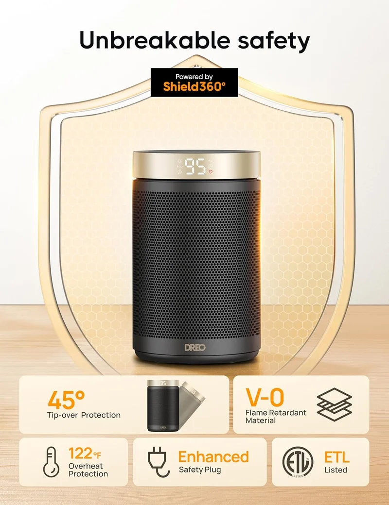 Portable Electric Space Heaters for Indoor Use with Thermostat and Remote Digital Display, 12H Timer, 5 Mode, 1500W PTC Ceramic - GOLD