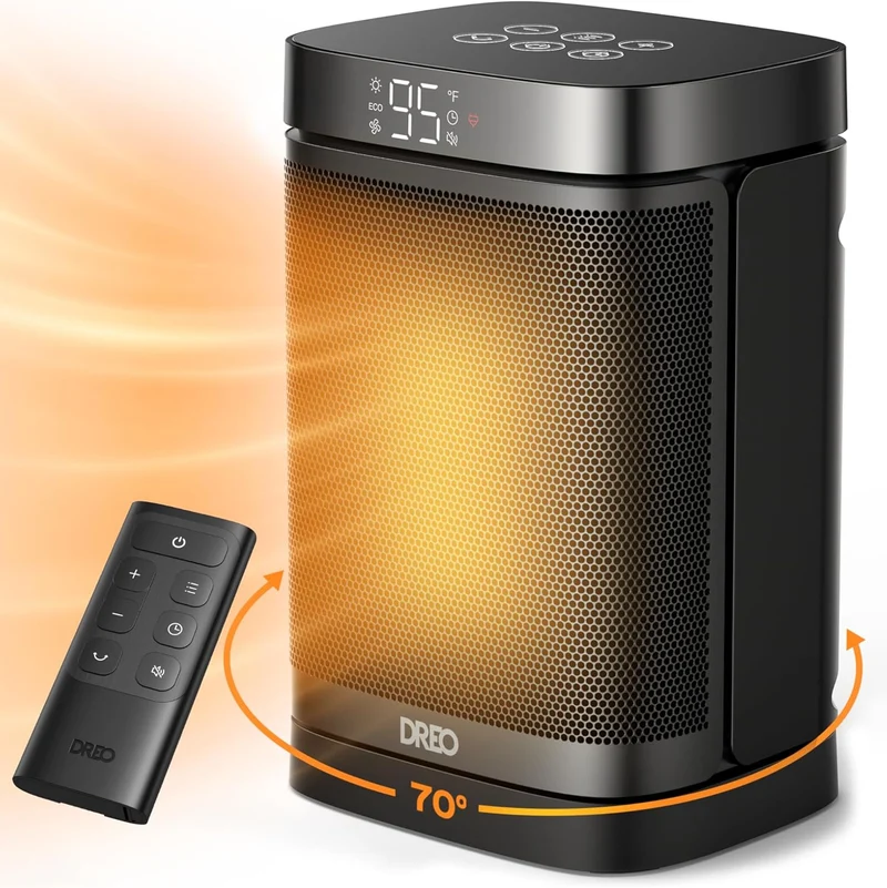 Portable Atom One Space Heater w/ Remote, 70°Oscillating w/ Digital Thermostat, 1500W PTC Ceramic, 12h Timer, Quiet Safety Heating - Black