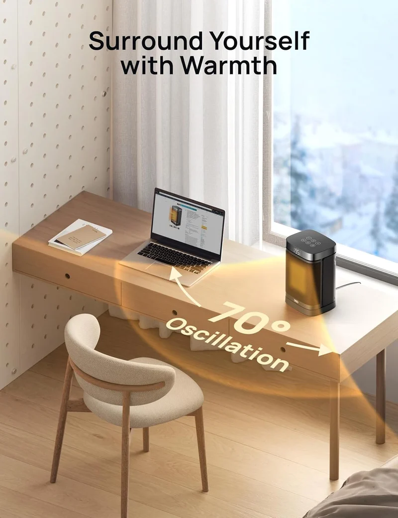 Portable Atom One Space Heater w/ Remote, 70°Oscillating w/ Digital Thermostat, 1500W PTC Ceramic, 12h Timer, Quiet Safety Heating - Black
