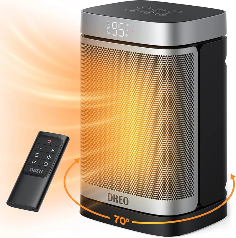 Portable Atom One Space Heater w/ Remote, 70°Oscillating w/ Digital Thermostat, 1500W PTC Ceramic, 12h Timer, Quiet Safety Heating - Silver