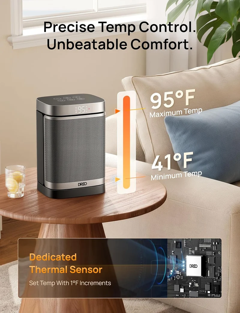 Portable Atom One Space Heater w/ Remote, 70°Oscillating w/ Digital Thermostat, 1500W PTC Ceramic, 12h Timer, Quiet Safety Heating - Silver