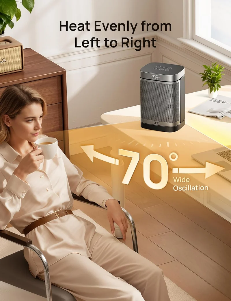 Portable Atom One Space Heater w/ Remote, 70°Oscillating w/ Digital Thermostat, 1500W PTC Ceramic, 12h Timer, Quiet Safety Heating - Silver