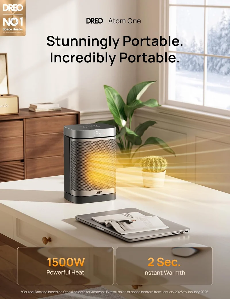 Portable Atom One Space Heater w/ Remote, 70°Oscillating w/ Digital Thermostat, 1500W PTC Ceramic, 12h Timer, Quiet Safety Heating - Silver
