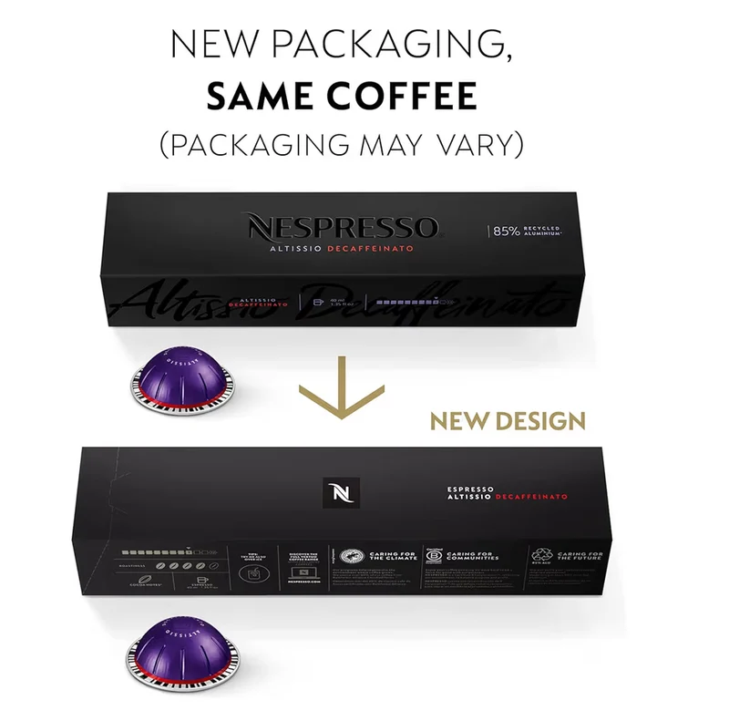 Nespresso Capsules Vertuo, Altissio Decaffeinato, Dark Roast Espresso - 50CT Espresso Pods, Brews (1.35 oz.)