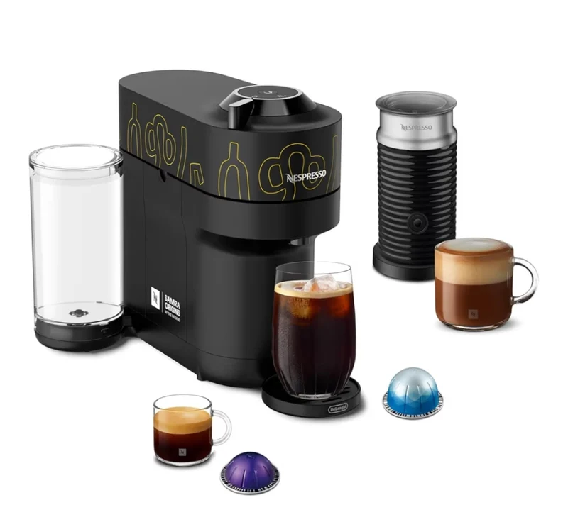 Nespresso Vertuo Pop+ Coffee and Espresso Maker by De'Longhi, Samra Origins by The Weeknd Vertuo Buna Yellow Aeroccino3 milk frother
