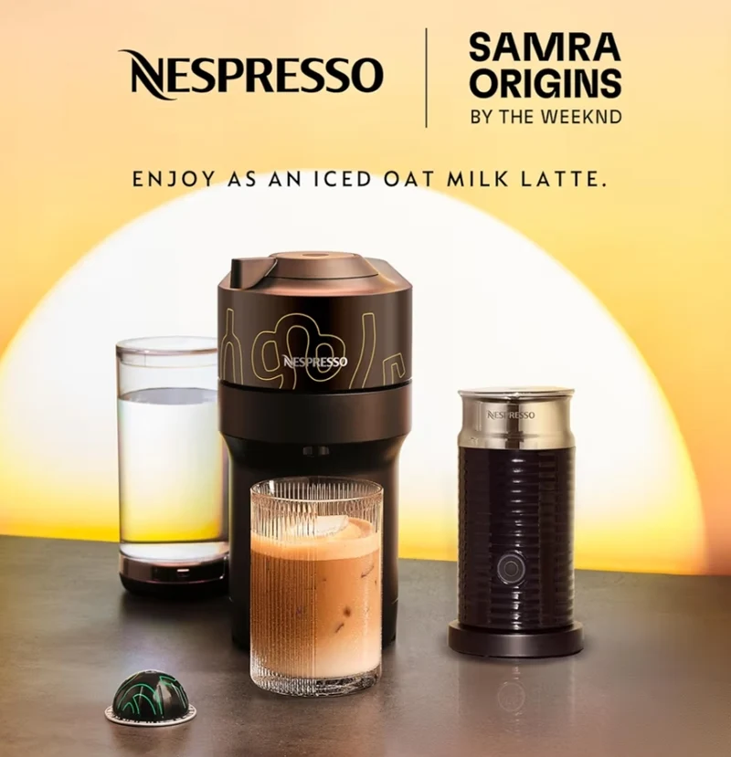 Nespresso Vertuo Pop+ Coffee and Espresso Maker by De'Longhi, Samra Origins by The Weeknd Vertuo Buna Yellow Aeroccino3 milk frother