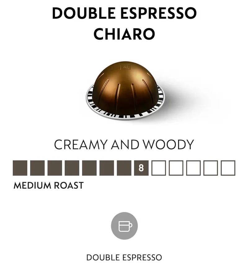 Nespresso Capsules Vertuo, Double Espresso Chiaro, Medium Roast Espresso Coffee, Brews 2.7oz. - 30CT Coffee Pods