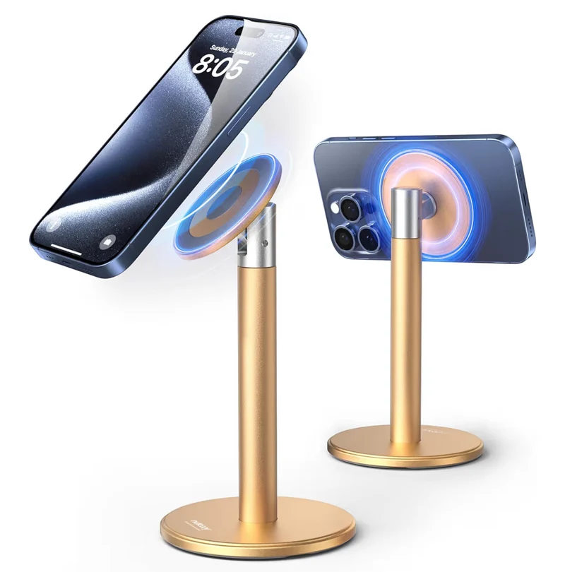 Magnetic Fully Aluminum Phone Stand, 360 Rotating for Desk w/ Metal Ring, Adjustable Holder with MagSafe Case - Gold