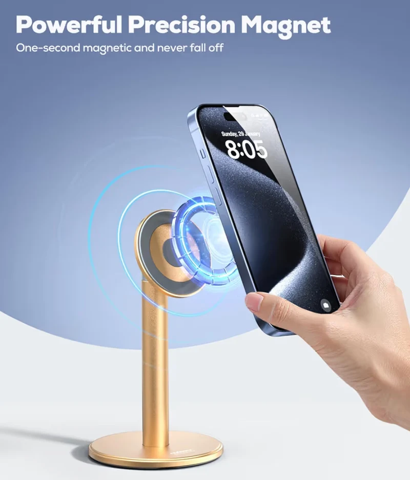 Magnetic Fully Aluminum Phone Stand, 360 Rotating for Desk w/ Metal Ring, Adjustable Holder with MagSafe Case - Gold