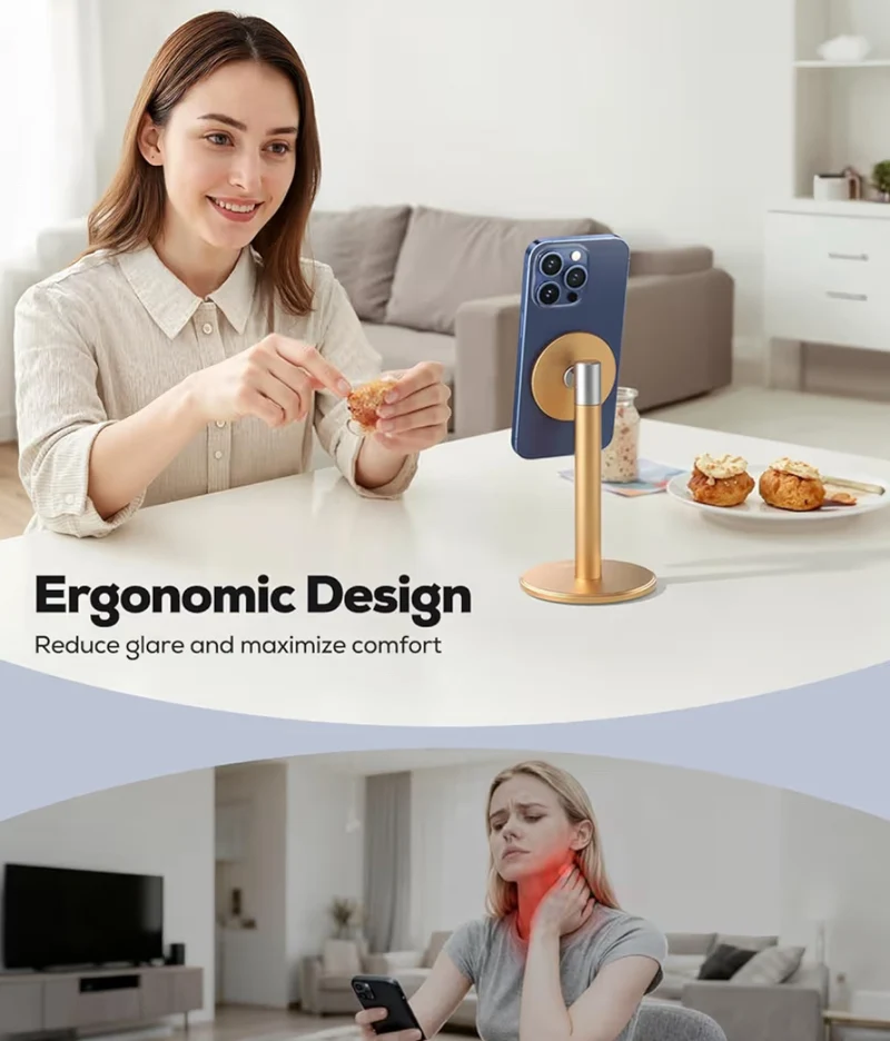 Magnetic Fully Aluminum Phone Stand, 360 Rotating for Desk w/ Metal Ring, Adjustable Holder with MagSafe Case - Gold
