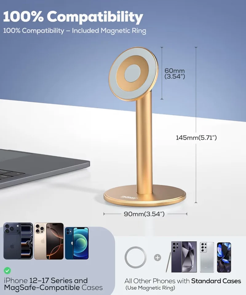 Magnetic Fully Aluminum Phone Stand, 360 Rotating for Desk w/ Metal Ring, Adjustable Holder with MagSafe Case - Gold