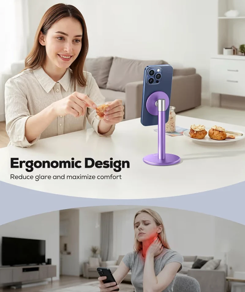 Magnetic Fully Aluminum Phone Stand, 360 Rotating for Desk w/ Metal Ring, Adjustable Holder with MagSafe Case - Purple