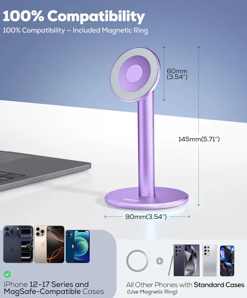 Magnetic Fully Aluminum Phone Stand, 360 Rotating for Desk w/ Metal Ring, Adjustable Holder with MagSafe Case - Purple