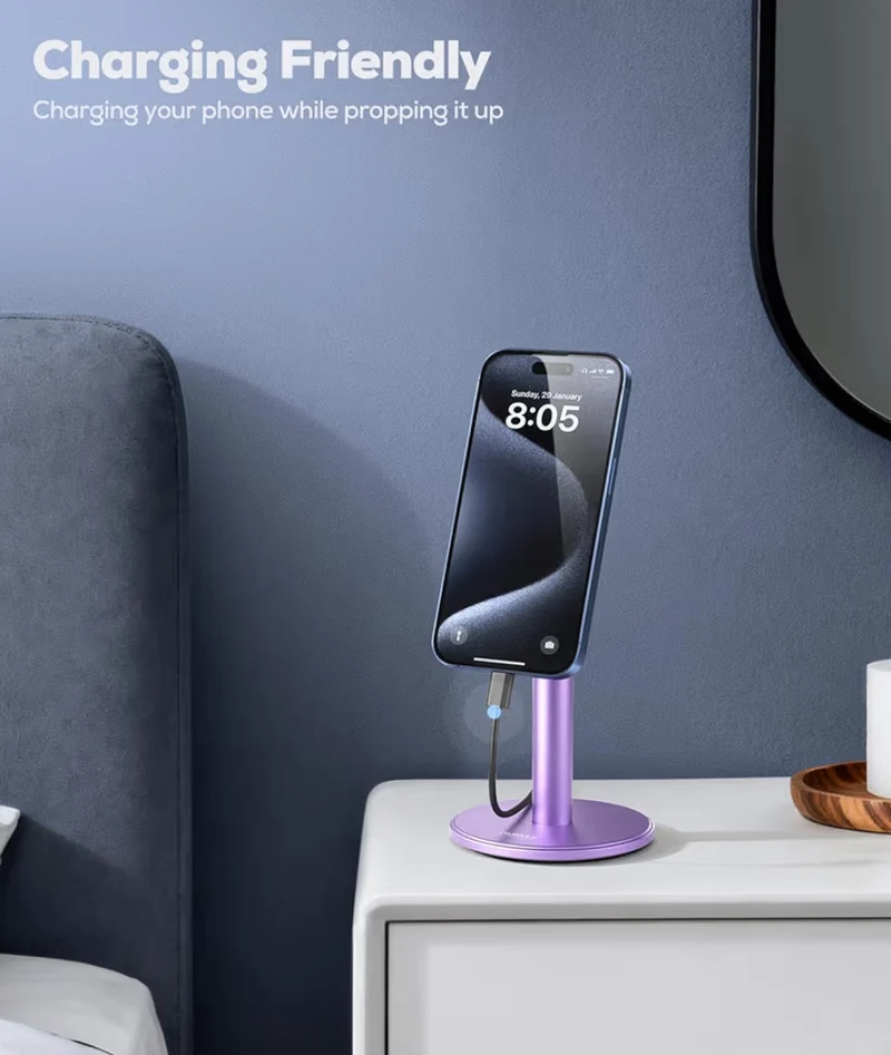 Magnetic Fully Aluminum Phone Stand, 360 Rotating for Desk w/ Metal Ring, Adjustable Holder with MagSafe Case - Purple