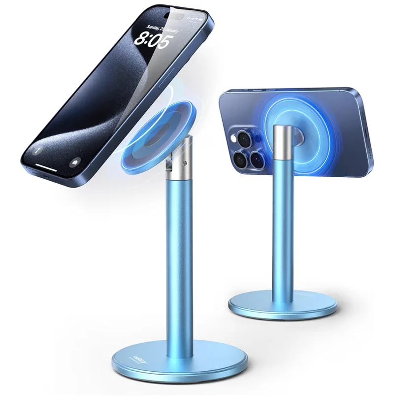 Magnetic Fully Aluminum Phone Stand, 360 Rotating for Desk w/ Metal Ring, Adjustable Holder with MagSafe Case - Blue