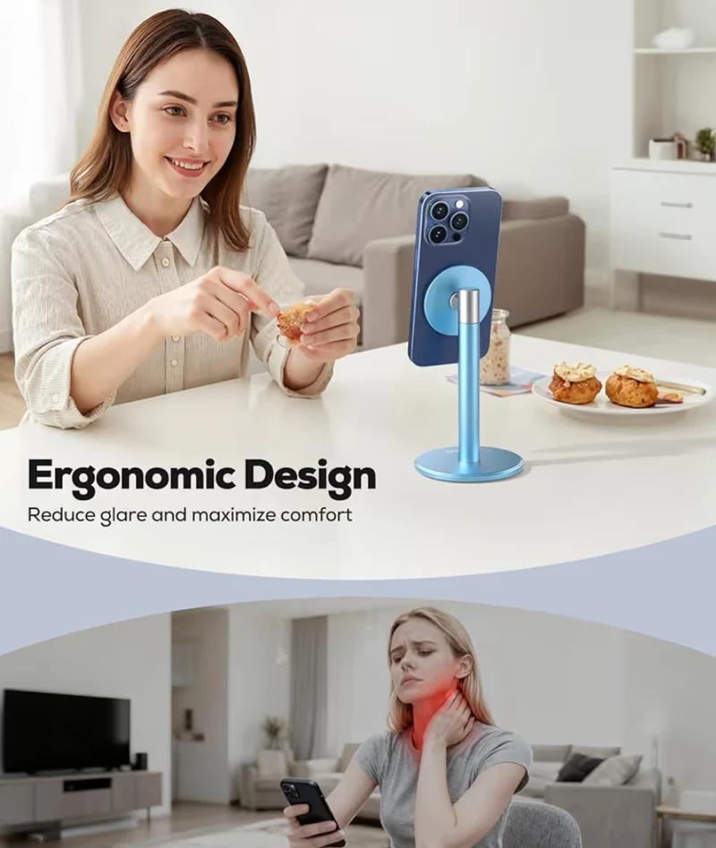 Magnetic Fully Aluminum Phone Stand, 360 Rotating for Desk w/ Metal Ring, Adjustable Holder with MagSafe Case - Blue