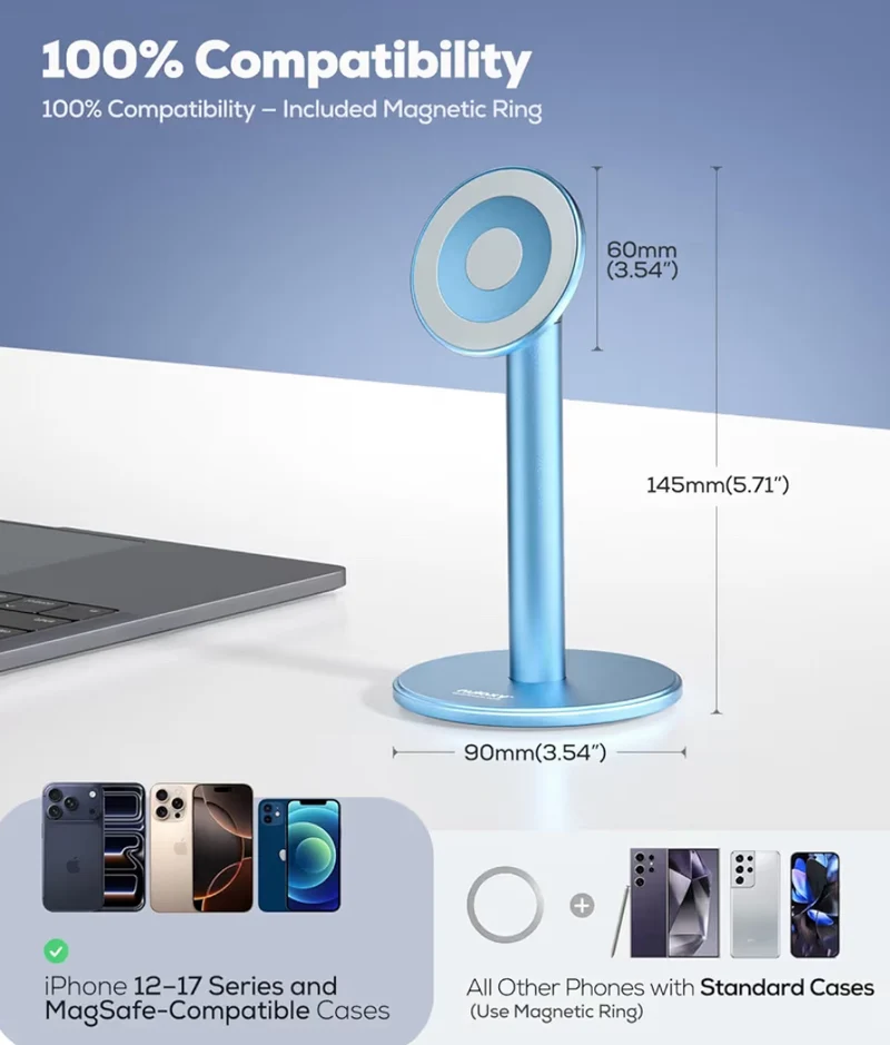 Magnetic Fully Aluminum Phone Stand, 360 Rotating for Desk w/ Metal Ring, Adjustable Holder with MagSafe Case - Blue