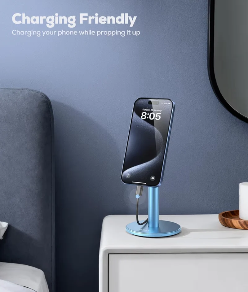 Magnetic Fully Aluminum Phone Stand, 360 Rotating for Desk w/ Metal Ring, Adjustable Holder with MagSafe Case - Blue