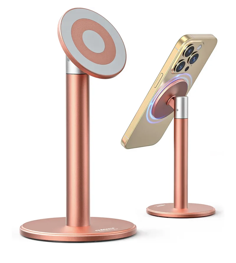 Magnetic Fully Aluminum Phone Stand, 360 Rotating for Desk w/ Metal Ring, Adjustable Holder with MagSafe Case - Pink