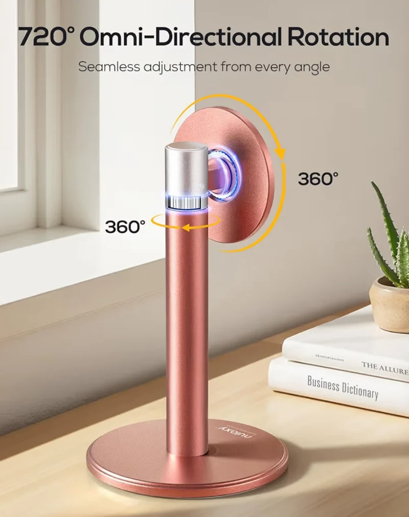 Magnetic Fully Aluminum Phone Stand, 360 Rotating for Desk w/ Metal Ring, Adjustable Holder with MagSafe Case - Pink