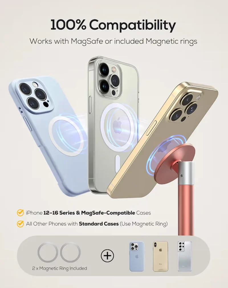 Magnetic Fully Aluminum Phone Stand, 360 Rotating for Desk w/ Metal Ring, Adjustable Holder with MagSafe Case - Pink