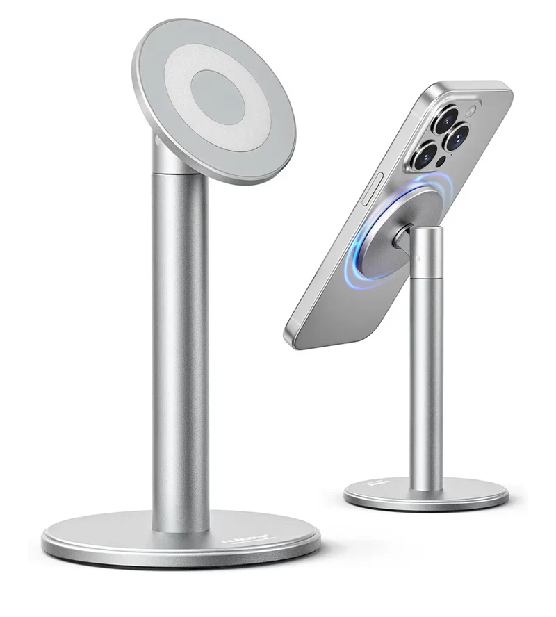 Magnetic Fully Aluminum Phone Stand, 360 Rotating for Desk w/ Metal Ring, Adjustable Holder with MagSafe Case - Silver