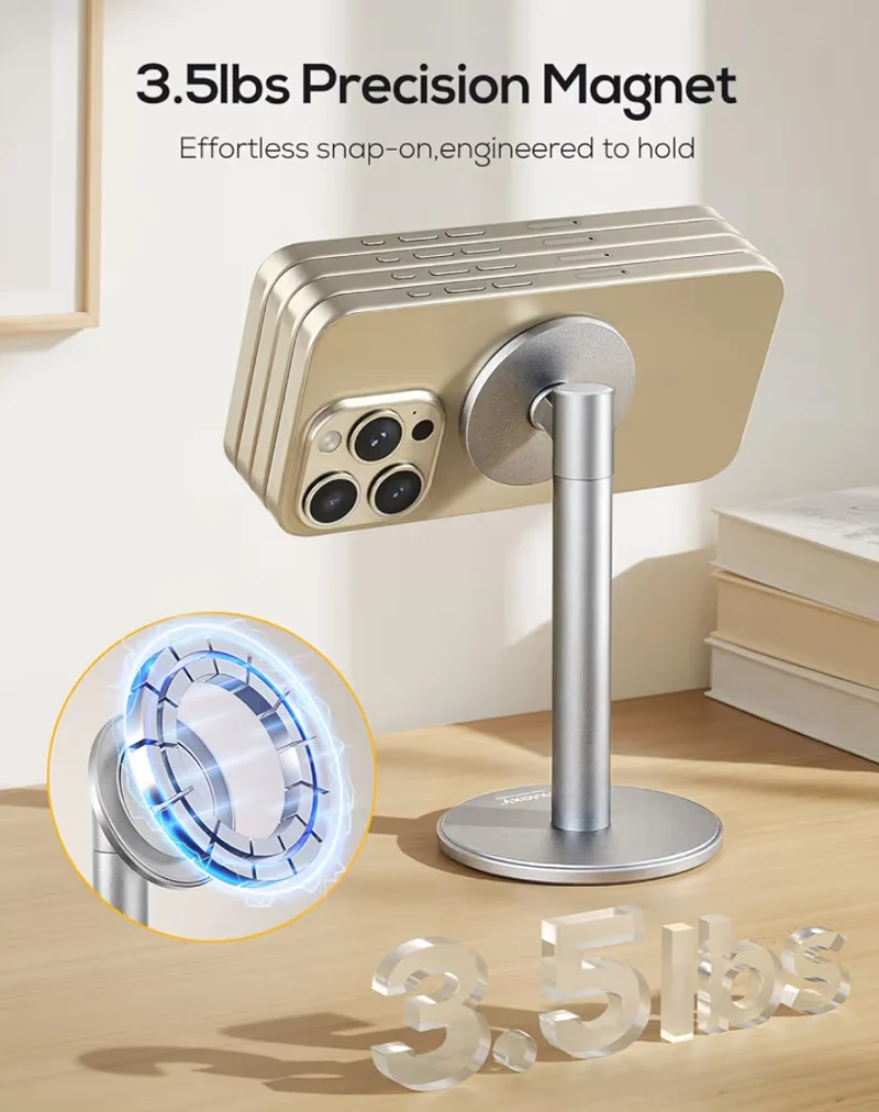 Magnetic Fully Aluminum Phone Stand, 360 Rotating for Desk w/ Metal Ring, Adjustable Holder with MagSafe Case - Silver