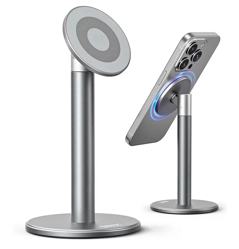 Magnetic Fully Aluminum Phone Stand, 360 Rotating for Desk w/ Metal Ring, Adjustable Holder with MagSafe Case - Gray