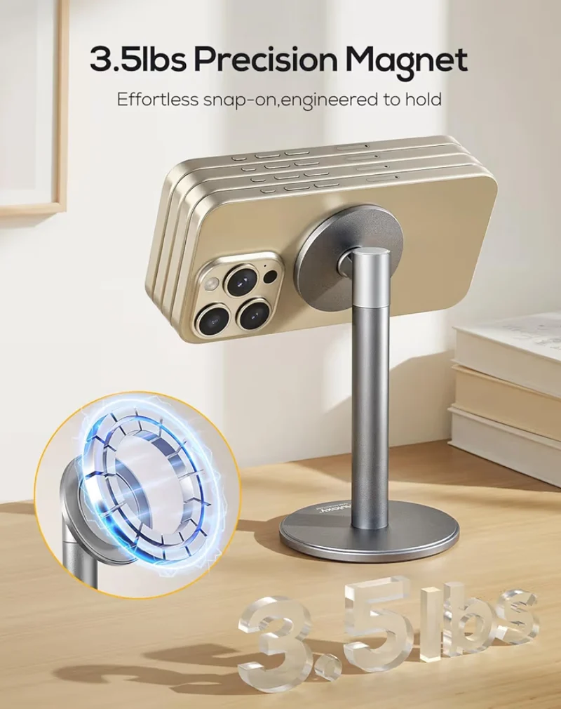 Magnetic Fully Aluminum Phone Stand, 360 Rotating for Desk w/ Metal Ring, Adjustable Holder with MagSafe Case - Gray