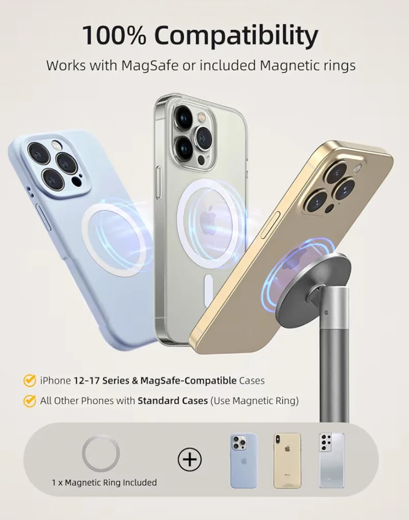 Magnetic Fully Aluminum Phone Stand, 360 Rotating for Desk w/ Metal Ring, Adjustable Holder with MagSafe Case - Gray