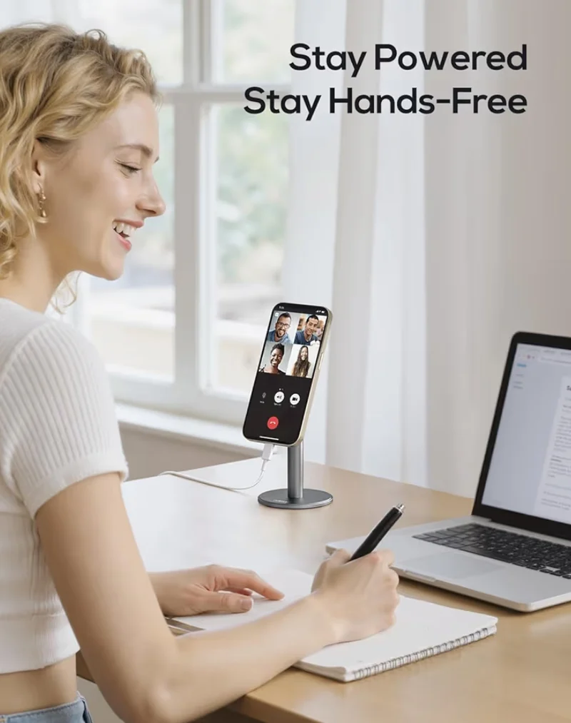 Magnetic Fully Aluminum Phone Stand, 360 Rotating for Desk w/ Metal Ring, Adjustable Holder with MagSafe Case - Gray