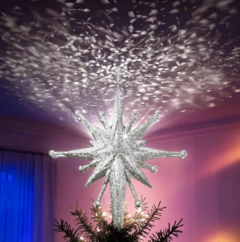 Upgraded Christmas Tree Topper Projector Light w/ Rotating Bright LED & Wide Coverage, Universal Fit for Any Height Tree - (Frosted Silver)