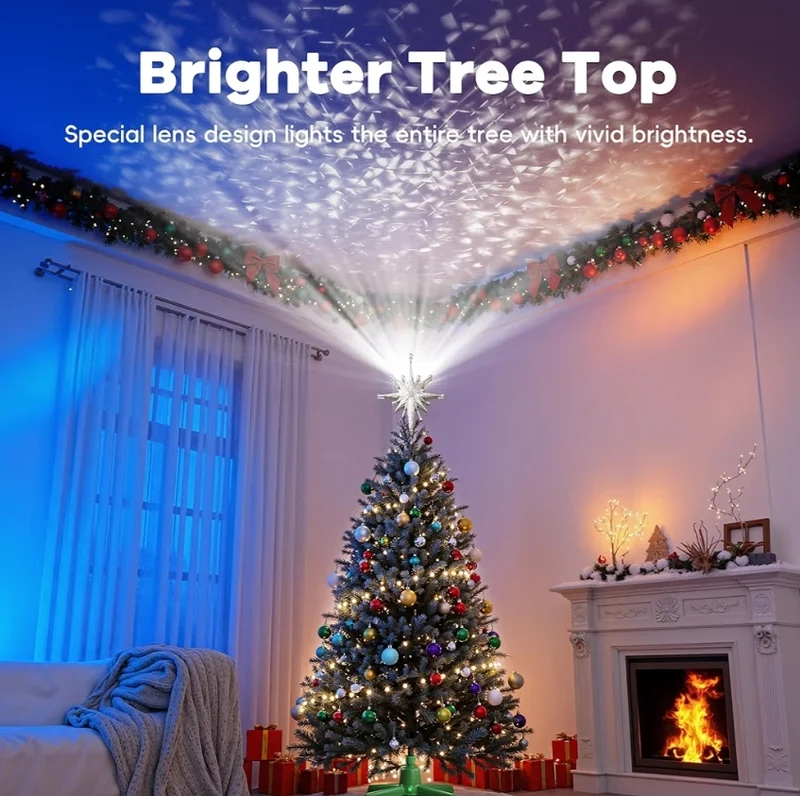 Upgraded Christmas Tree Topper Projector Light w/ Rotating Bright LED & Wide Coverage, Universal Fit for Any Height Tree - (Frosted Silver)