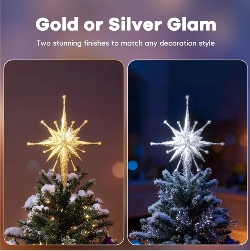 Upgraded Christmas Tree Topper Projector Light w/ Rotating Bright LED & Wide Coverage, Universal Fit for Any Height Tree - (Frosted Silver)