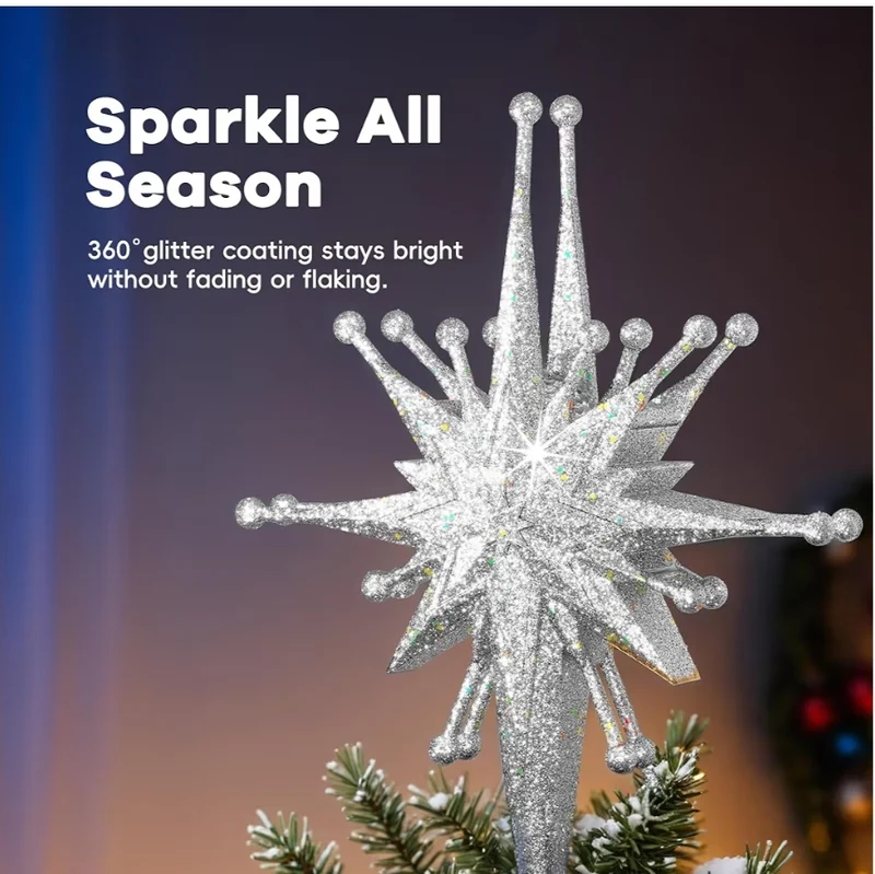 Upgraded Christmas Tree Topper Projector Light w/ Rotating Bright LED & Wide Coverage, Universal Fit for Any Height Tree - (Frosted Silver)