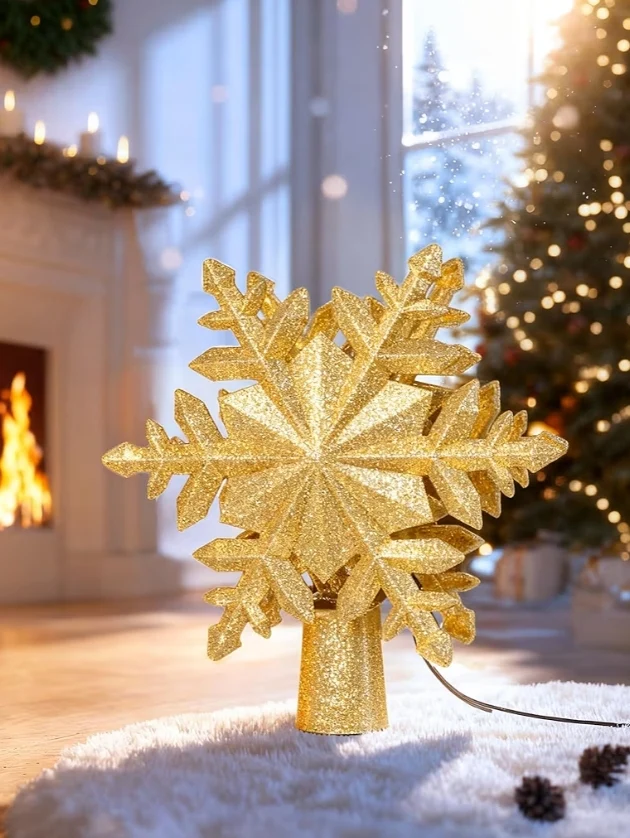 Christmas Tree Topper Lighted w/ Golden Snowflake Projector, Led Rotating, 3D Hollow Glitter Lighted Decorations