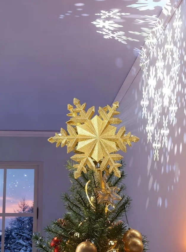 Christmas Tree Topper Lighted w/ Golden Snowflake Projector, Led Rotating, 3D Hollow Glitter Lighted Decorations