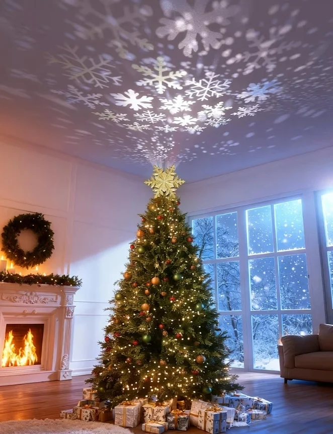 Christmas Tree Topper Lighted w/ Golden Snowflake Projector, Led Rotating, 3D Hollow Glitter Lighted Decorations